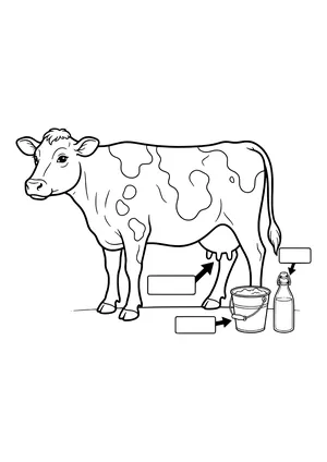 Spotted dairy cow without horns showing her udder, next to a milk pail and milk bottle, with three blank labels and arrows – coloring page to print