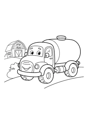 Smiling milk tanker truck with a large round tank on a curving road, with a barn and a bush behind it – coloring page to print