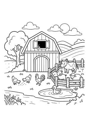 Scheune mit offenem Fenster, davor zwei Hennen und ein Hahn, im Holzgatter Kuh, Schwein und Schaf, eine Ente im Teich und ein Baum – Ausmalbild zum Ausdrucken