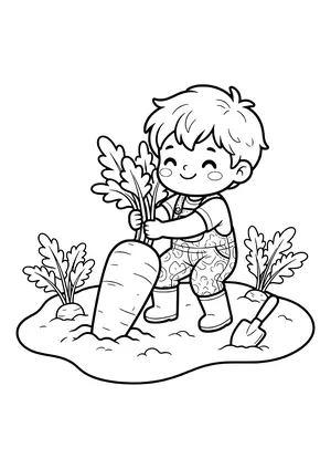 Smiling boy in overalls and rubber boots pulling a giant carrot from a garden bed, with two smaller carrots and a trowel nearby – coloring page to print