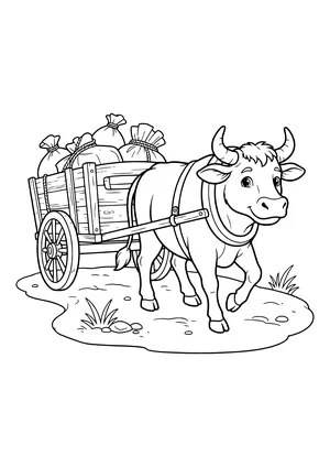 Horned ox in a harness pulling a wooden cart with a spoked wheel and tied sacks along a dirt path with grass and stones – coloring page to print