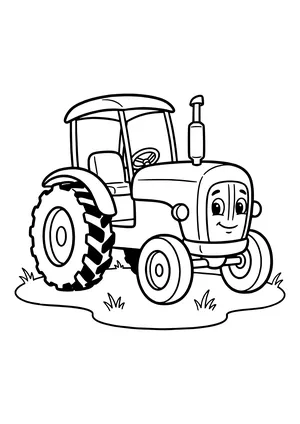 Old tractor with a smiling face, sun canopy, open seat, tall exhaust and big treaded rear wheel on grass – coloring page to print