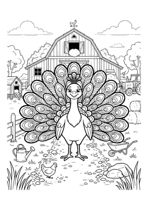 Peacock with a fanned tail of eye feathers on a pebble path in front of a barn with a weathervane, plus chicken coop, tractor, hay bales, wheelbarrow, watering can and hen – coloring page to print