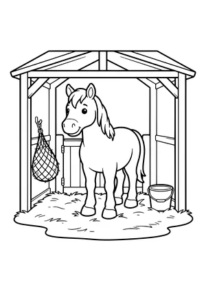Horse standing on straw in a roofed wooden stall with a hay net and a bucket – coloring page to print