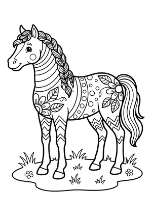 Horse with braids in its mane, body filled with stripes, circles, flowers and zigzag patterns, standing on grass with tiny flowers – coloring page to print