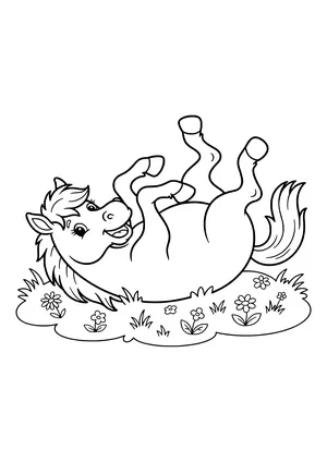 Laughing horse lying on its back with all four legs in the air on a meadow with grass tufts and flowers – coloring page to print