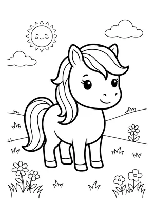 Cute pony with big eyes and a long mane standing in a meadow with flowers, a smiling sun and clouds – coloring page to print