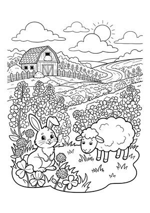 Spring landscape with a bunny and a sheep in a clover meadow, blooming rapeseed fields, a barn with a wooden fence, a winding path, clouds and sun – coloring page to print