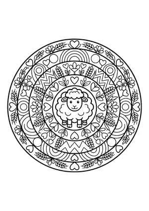 Round mandala with a little sheep in the center and rings of hearts, wheat, leaves, zigzags, arches and flowers – coloring page to print