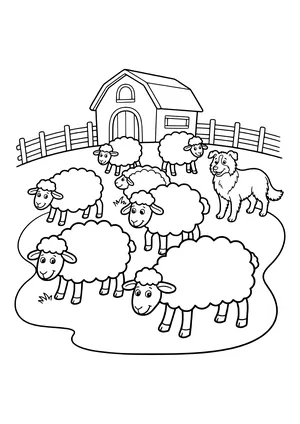 Seven sheep in a pasture in front of a barn and wooden fence with a long-haired sheepdog beside them – coloring page to print