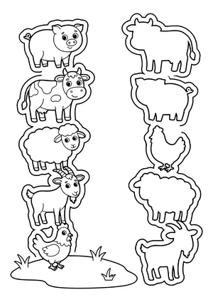 Puzzle page with a sticker-style pig, cow, sheep, goat and hen on the left and five matching shadow outlines in a different order on the right – coloring page to print