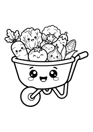Smiling one-wheeled wheelbarrow filled with a carrot, lettuce, broccoli, a tomato, an onion, an eggplant and corn, all with happy faces – coloring page to print