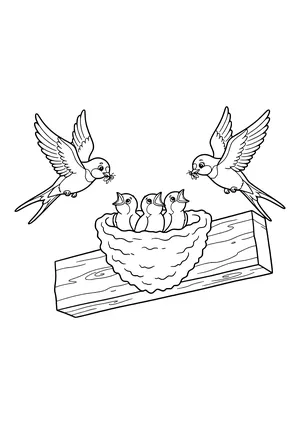 Two flying barn swallows with insects in their beaks above a mud nest with three chirping chicks on a wooden beam – coloring page to print
