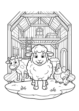 Laughing sheep in a wooden barn with a hayloft and ladder next to a spotted cow and a hen with her chick – coloring page to print