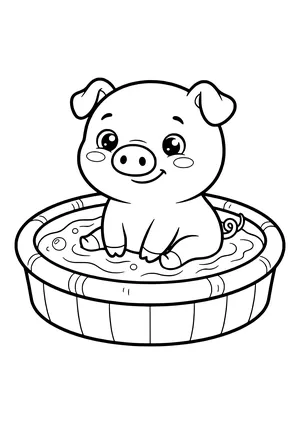 Smiling kawaii piglet with rosy cheeks sitting in a round paddling pool with water and bubbles – coloring page to print