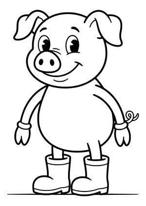 Smiling cartoon pig standing upright on two legs in big rubber boots, with floppy ears and a curly tail – coloring page to print