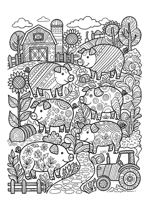 Six pigs decorated with stripes, swirls, zigzags and flowers on a farm with a barn, silo, sunflowers, hay bales, a stone path and a tractor in zentangle style – coloring page to print