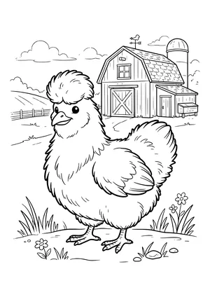 Fluffy Silkie chicken with a round feather crest in front of a barn with a weathervane, a silo and flowers in the grass – coloring page to print
