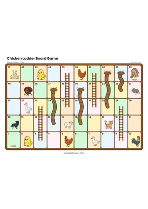 Colorful game board for the Chicken Ladder game with numbered squares, chicken ladders, mud slides and farm animals to print