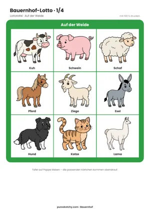 Bunte Lottotafel „Auf der Weide“ mit Kuh, Schwein, Schaf, Pferd, Ziege, Esel, Hund, Katze und Lama zum Ausdrucken