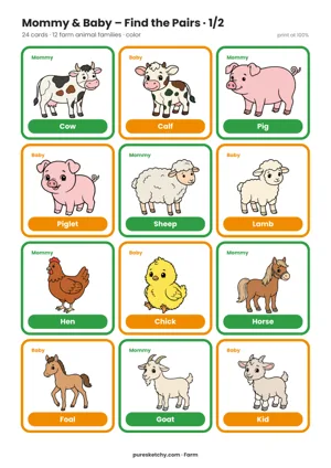 Colorful mommy and baby cards with cow and calf, pig and piglet, sheep and lamb, hen and chick, horse and foal to print