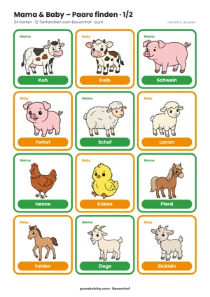 Bunte Spielkarten Mama & Baby mit Kuh und Kalb, Schwein und Ferkel, Schaf und Lamm, Henne und Küken, Pferd und Fohlen zum Ausdrucken