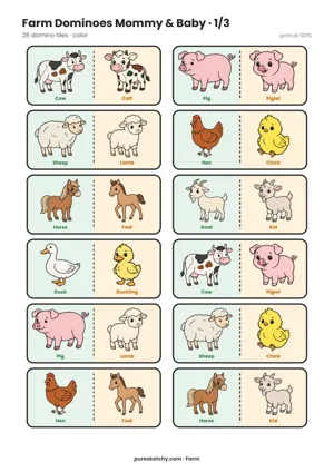 Colorful mommy and baby dominoes with cow, calf, pig, piglet, hen, chick, horse and foal to print