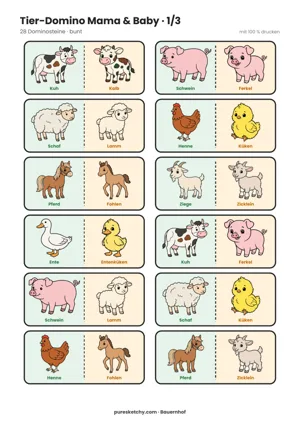 Bunte Dominosteine Mama & Baby mit Kuh, Kalb, Schwein, Ferkel, Henne, Küken, Pferd und Fohlen zum Ausdrucken