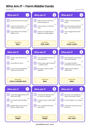 Nine purple “Who am I?” riddle cards with three clues each about farm animals to print