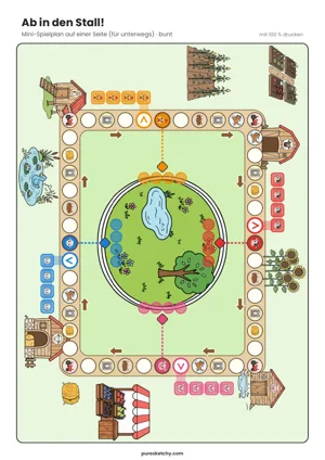 Bunter Mini-Spielplan zum Würfelspiel „Ab in den Stall!“ mit Weide, Teich, Ställen und Laufweg zum Ausdrucken