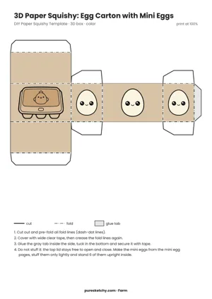 Full-color fold-up template of a beige egg carton box with a carton picture on the front and smiling eggs on the sides, printable