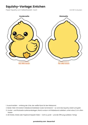 Bunte Squishy-Vorlage eines gelben Entchens mit orangem Schnabel, Flügel und Schwimmfuß sowie gelber Rückseite zum Ausdrucken