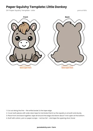 Full-color paper squishy template of a sitting gray donkey with white muzzle, brown forelock and tail, with back, printable