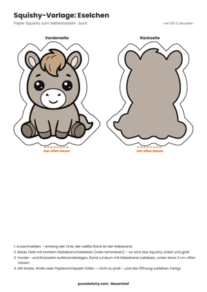 Bunte Squishy-Vorlage eines sitzenden grauen Eselchens mit weißer Schnauze, brauner Stirnlocke und Schwänzchen, mit Rückseite, zum Ausdrucken
