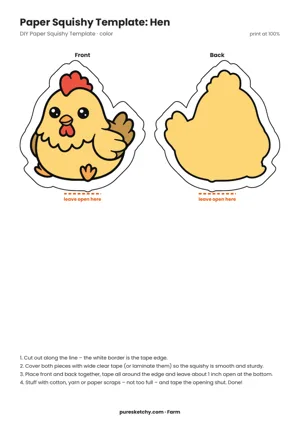 Full-color paper squishy template of a round yellow hen with a red comb, brown wing and mirrored back, printable