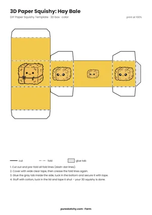 Full-color fold-up template of a yellow box with a tied, smiling hay bale on the front and more hay bale faces, printable