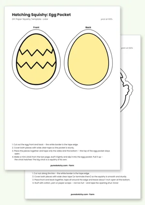 Full-color template of a yellow egg pocket with a zigzag pattern, front and back, for the printable hatching chick squishy