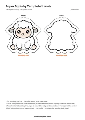 Full-color paper squishy template of a sitting white lamb with curly wool and a light face, front and back, printable