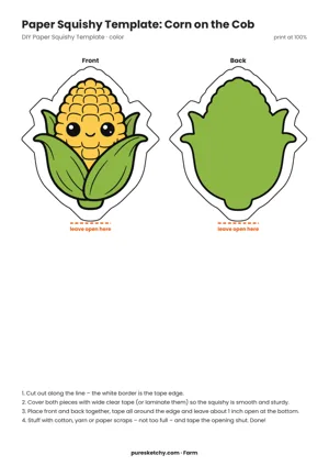 Full-color paper squishy template of a smiling yellow corn cob with green husk leaves and a green back, printable