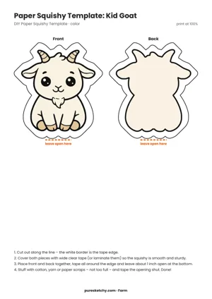 Full-color paper squishy template of a sitting cream kid goat with horns, floppy ears and chin beard, with back, printable