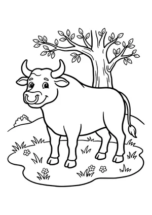 Sturdy bull with horns and a nose ring standing in a meadow with flowers in front of a tree and a hill – coloring page to print