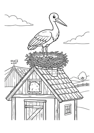 White stork standing in a big stick nest on the shingled roof of a wooden barn with a hayloft window and weather vane – coloring page to print