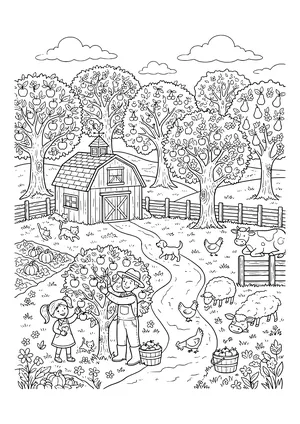 Meadow orchard with fruit trees, a barn, wooden fence, a girl and a farmer picking apples, baskets of apples, pumpkins, chickens, sheep, a cow, a dog and cats – coloring page to print