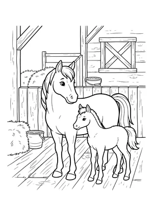 Mare and foal standing side by side in a wooden stable with plank floor, hay and two buckets – coloring page to print