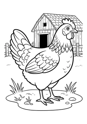 Sussex hen with finely drawn neck feathers, wing feathers and a fanned tail in front of a wooden coop with a shingled roof and fence – coloring page to print