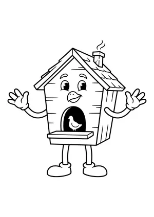 Wooden dovecote with a face, beak, waving gloved hands, legs with shoes, a shingled roof, a chimney and a dove in the entrance – coloring page to print