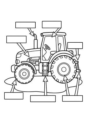 Side view of a tractor with arrows and blank boxes for labeling the exhaust, cab, engine, wheels and steps – coloring page to print