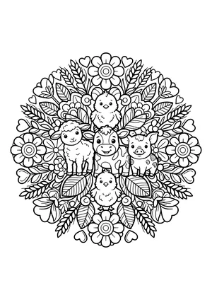 Round mandala with a lamb, calf, piglet, and two chicks in the center, surrounded by flowers, wheat, leaves, and hearts – coloring page to print