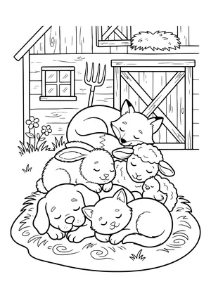 Puppy, kitten, bunny, lamb, chick and a little fox sleeping snuggled together in front of a wooden barn with a pitchfork and flowers – coloring page to print