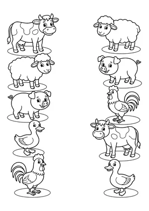 Two columns with a cow, sheep, pig, duck and rooster in mixed order for matching identical animals – coloring page to print